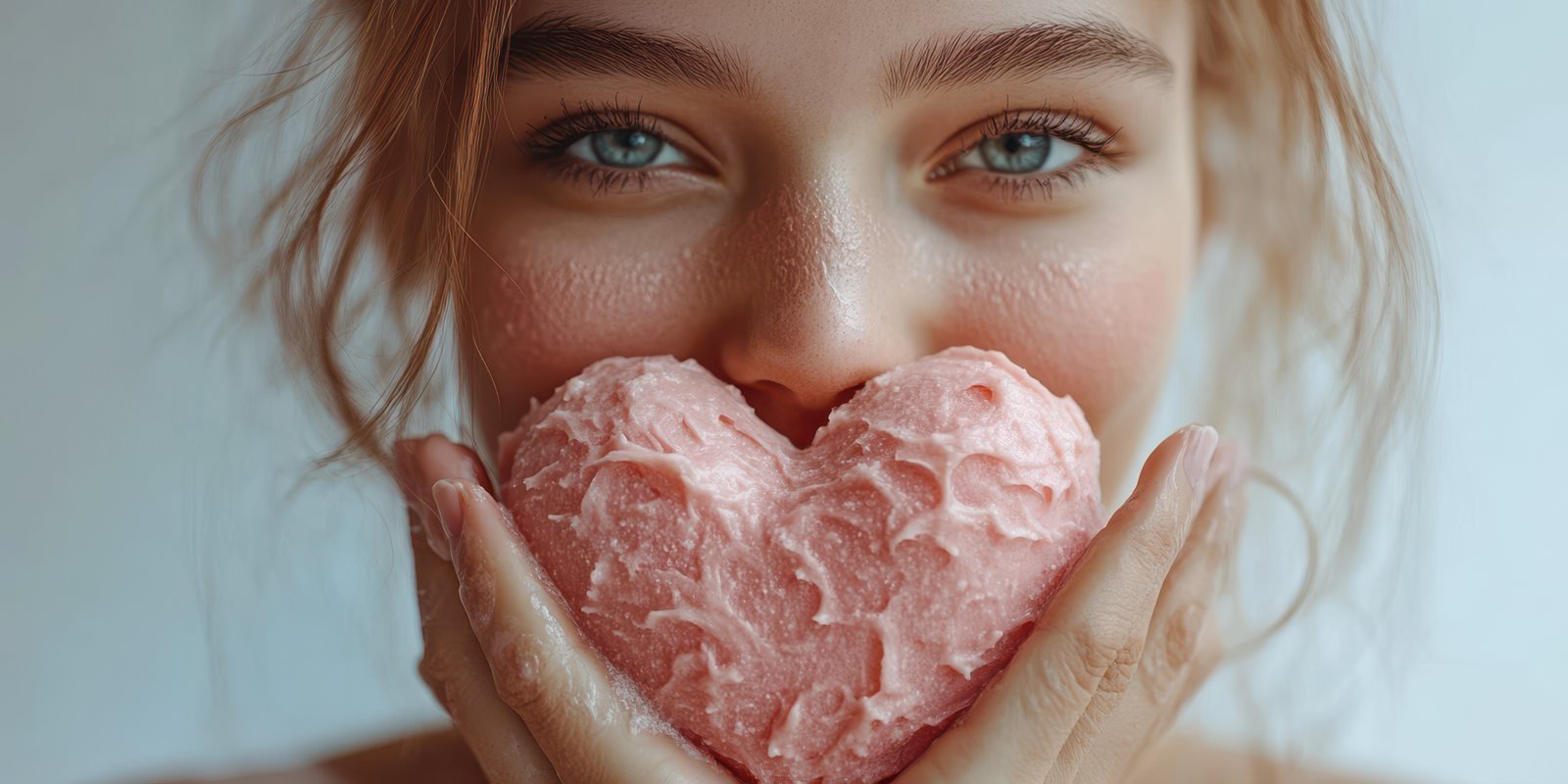 Woman holding pink heart-shaped dessert with joyful expression in a bright indoor setting